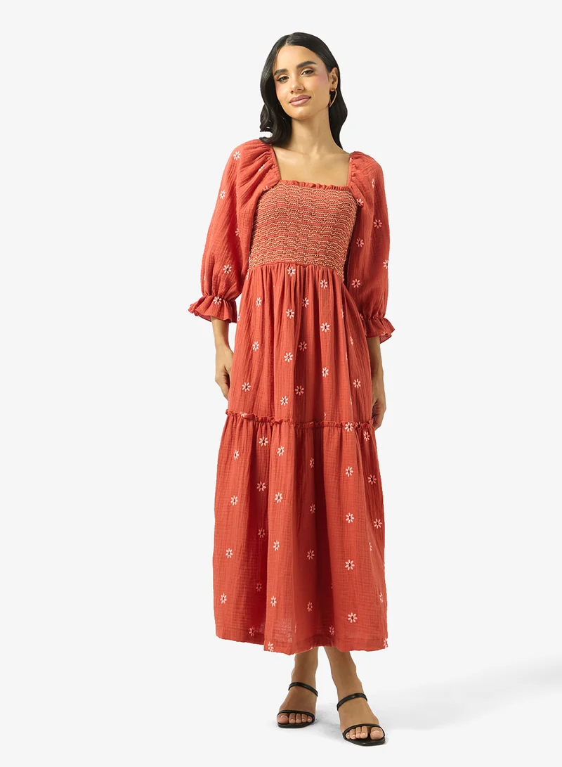 جينجر Puff Sleeves Smocked Floral A Line Dress